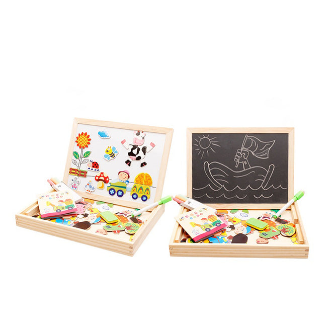Multi-functional Magnetic Farm Wooden Jigsaw Puzzle Double-Sided Drawing Board Building Blocks for Kids