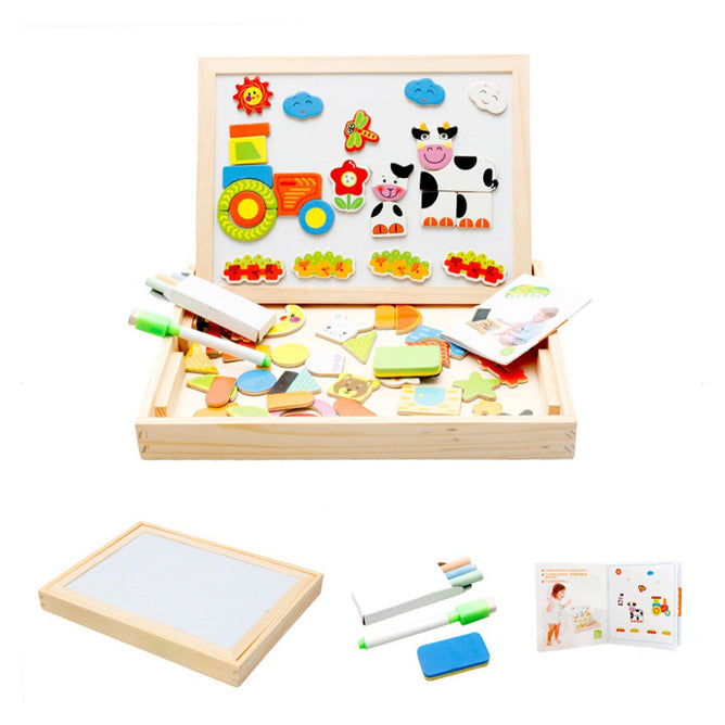 Multi-functional Magnetic Farm Wooden Jigsaw Puzzle Double-Sided Drawing Board Building Blocks for Kids