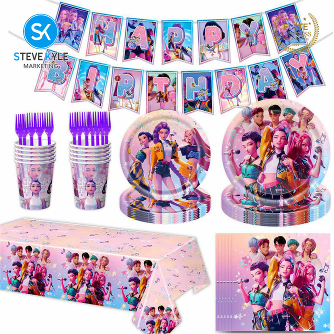 Steve Kyle Multicolored Cartoon Design Disposable Paper Plates Cup Tablecloth Cake Socket Birthday Party Decorations Tableware Set For Kids