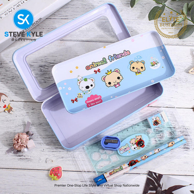 2 Layer 5in1 Cute Cartoon Character Pink Metal Pencil Case
