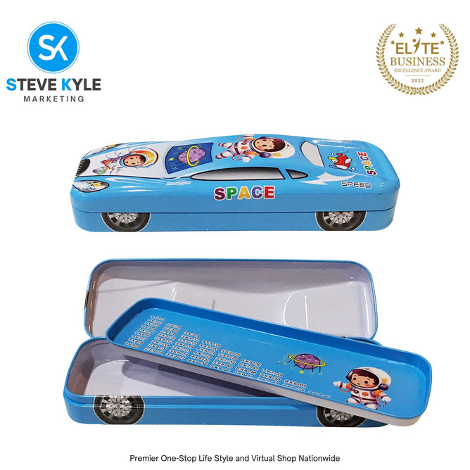 2 Layer Metal Pencil Case with Cartoon Car Design for Kids