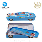 2 Layer Metal Pencil Case with Cartoon Car Design for Kids