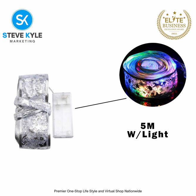 5M/Christmas Ribbon Fairy Lights Decor Christmas Lace Ribbon Bows With LED For Christmas Tree