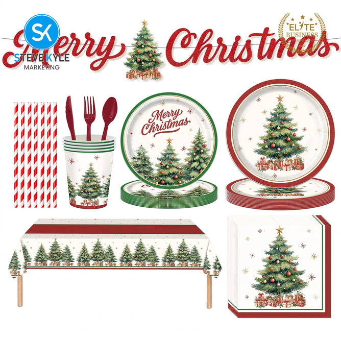 Steve Kyle White Christmas Themed Disposable Paper Plate Cups Napkin Spoon Fork Tableware Set