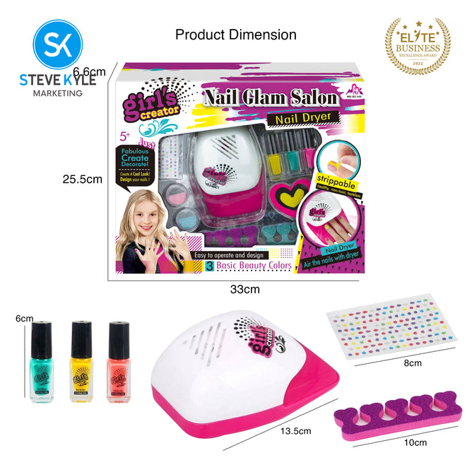 Steve Kyle Kids Cute Nail Art Manicure Set With Water-Based Peel Off Polish Nail Dryer