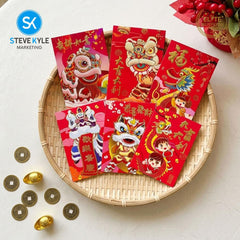 Steve Kyle Six Pieces Traditional Red Angpao Money Envelope with Gold Stamping Decoration Fortune and Prosperity Designs Ampao