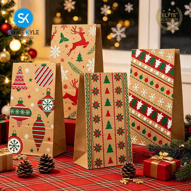 Steve Kyle 12-Piece Christmas Paper Party Favor Bags with Stickers for Holiday Treats and Small Gifts