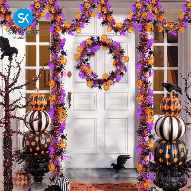 Steve Kyle 2M Halloween Christmas Tinsel Garland with Pumpkin Pom Pom and Snowflake Decorations
