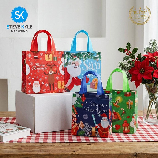 Steve Kyle Merry Christmas Printed Non-Woven Reusable Tote Bag for Groceries and Holiday Giveaways