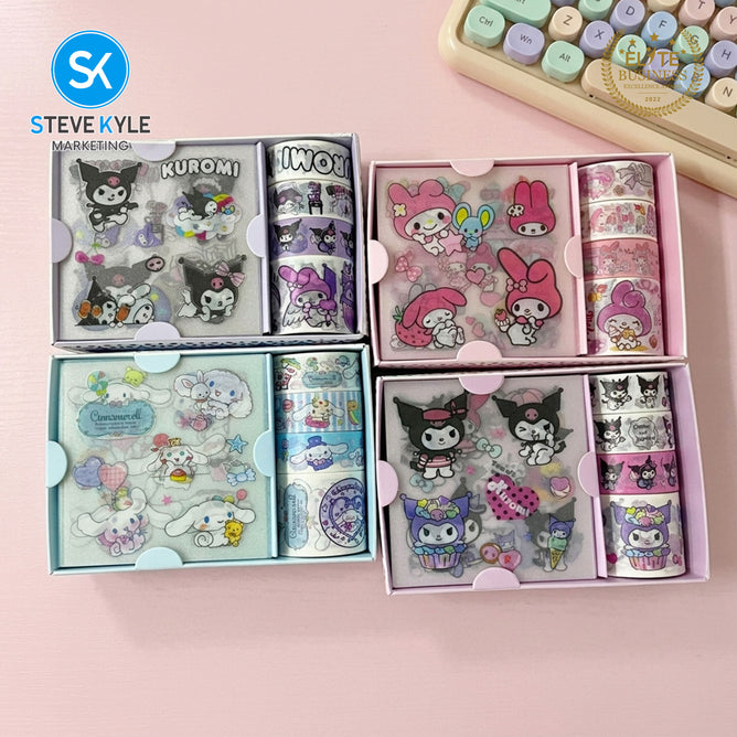 Steve Kyle Random Cartoon Design Adhesive 4 Roll Tape With Sticker Set For Diary Journal Decoration