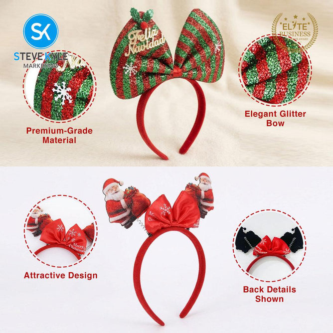 Steve Kyle Festive Felt Christmas Headband with 3D Snowman Santa Claus Bow Hairband for Kids and Adults