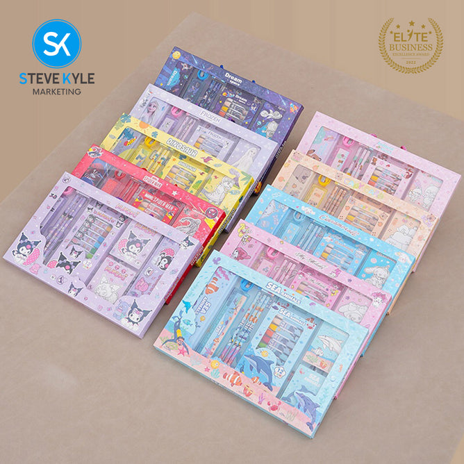Steve Kyle Fun Character Print Oil Pastel Color Pencil Case Ruler Sharpener Eraser Set For Party Giveaway Classroom Supplies
