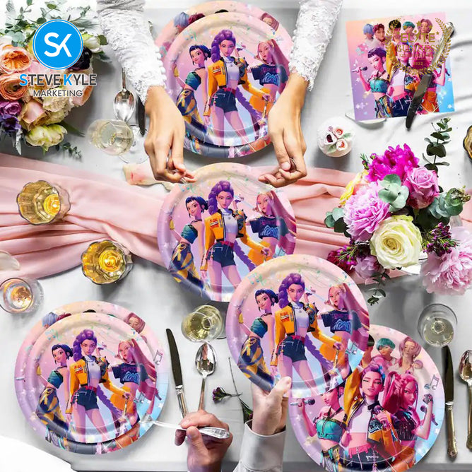 Steve Kyle Multicolored Cartoon Design Disposable Paper Plates Cup Tablecloth Cake Socket Birthday Party Decorations Tableware Set For Kids