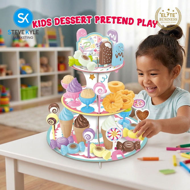 Steve Kyle Kids Pretend Play Dessert Stand Toy Set with Ice Cream Candy Donuts Popsicles