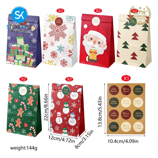 Steve Kyle 12-Piece Christmas Paper Party Favor Bags with Stickers for Holiday Treats and Small Gifts