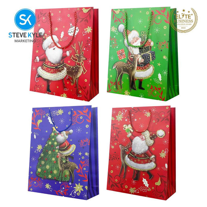Steve Kyle Random Design Christmas Craft Paper Gift Bag with Twisted Rope Handle for Holiday Gifts Party Favors