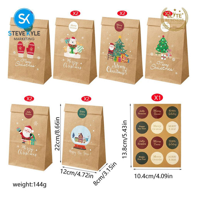 Steve Kyle 12-Piece Christmas Paper Party Favor Bags with Stickers for Holiday Treats and Small Gifts