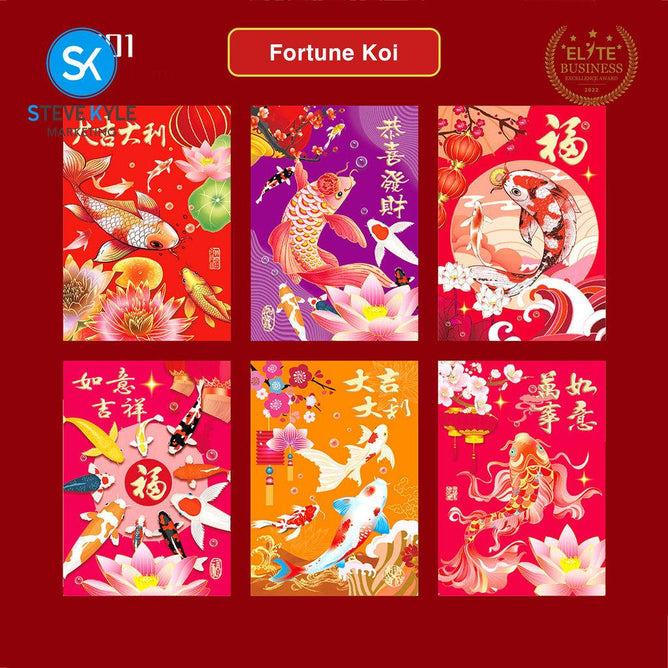 Steve Kyle Six Pieces Traditional Red Angpao Money Envelope with Gold Stamping Decoration Fortune and Prosperity Designs Ampao