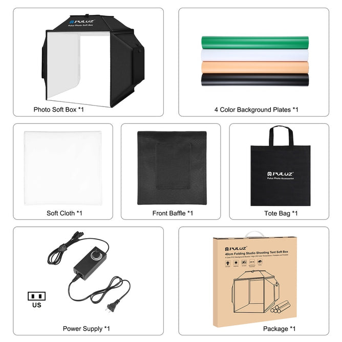 PULUZ PU5042 40cm Folding 72W 5500K Studio Shooting Tent Soft Box Photography Lighting Kit with 4 Colors Backdrops