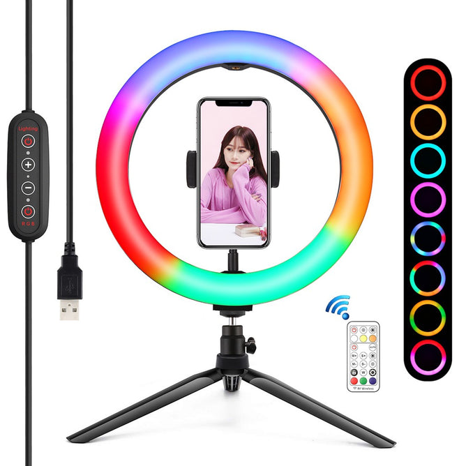 PULUZ PKT3082B 10 inch 26cm Marquee LED RGBWW Light + Desktop Tripod Mount 168 LED Dual-color Temperature Dimmable Ring Vlogging Photography Video Lights with Cold Shoe Tripod Ball Head & Remote Control & Phone Clamp