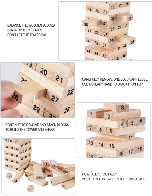 54 Pcs Kids 2 in1 Wiss Toy Raw Wood Layered Building Blocks Toys Craps Game Building Block Overlay Games Superimposed Wood Block