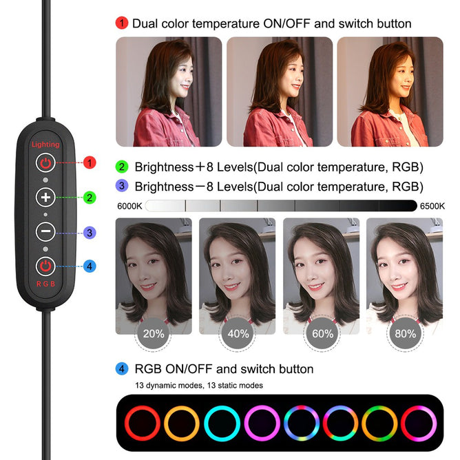 PULUZ PKT3082B 10 inch 26cm Marquee LED RGBWW Light + Desktop Tripod Mount 168 LED Dual-color Temperature Dimmable Ring Vlogging Photography Video Lights with Cold Shoe Tripod Ball Head & Remote Control & Phone Clamp