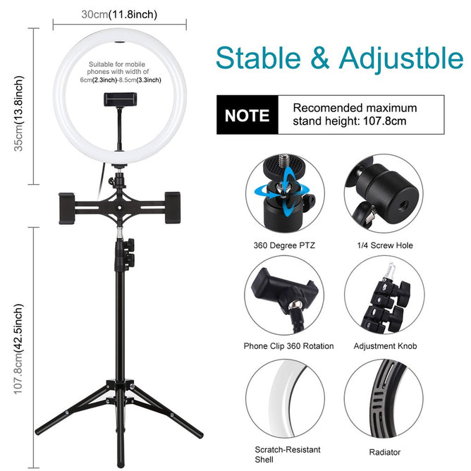 PULUZ PKT3064B 12 inch 30cm Light + 1.1m Tripod Mount + Dual Phone Brackets Curved Surface USB 3 Modes Dimmable Dual Color Temperature LED Ring Vlogging Video Light Live Broadcast Kits with Phone Clamp