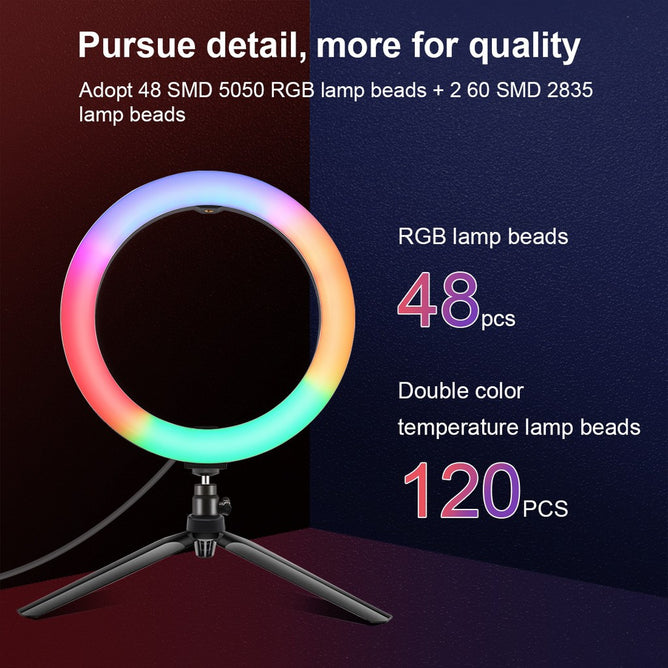 PULUZ PKT3082B 10 inch 26cm Marquee LED RGBWW Light + Desktop Tripod Mount 168 LED Dual-color Temperature Dimmable Ring Vlogging Photography Video Lights with Cold Shoe Tripod Ball Head & Remote Control & Phone Clamp