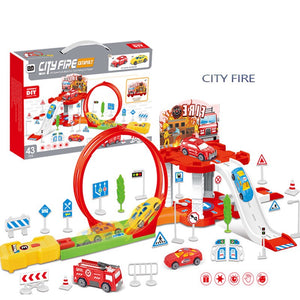 DIY Assemble 43 Pieces City Fire Truck Parking Lot Playset Car Toys for Kids