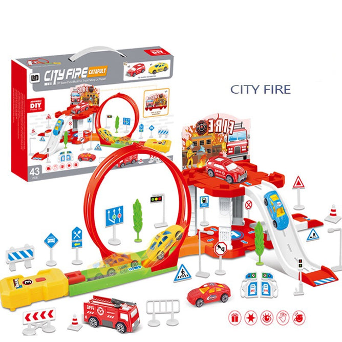 DIY Assemble 43 Pieces City Fire Truck Parking Lot Playset Car Toys for Kids