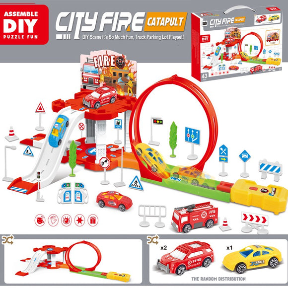 DIY Assemble 43 Pieces City Fire Truck Parking Lot Playset Car Toys for Kids