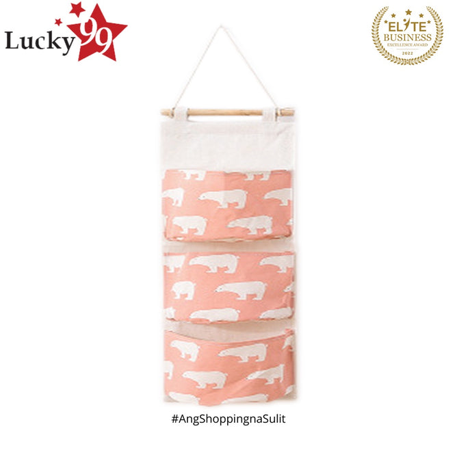 Wall Hanging Storage Bag Organizer with 3 Pocket Premium Linen Fabric Waterproof Door Organizer