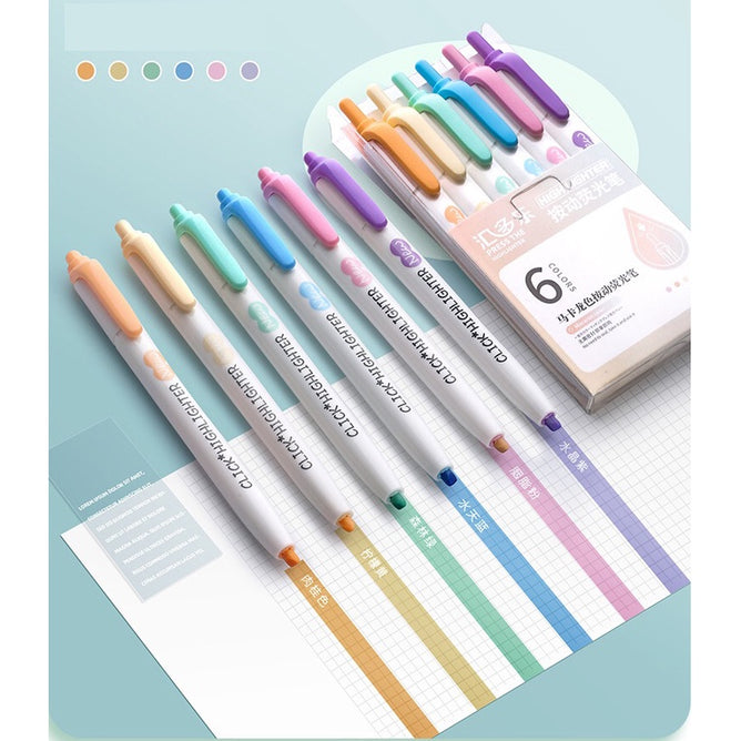 6Pcs Retractable Highlighter Fluorescent Markers for School & Office Supplies