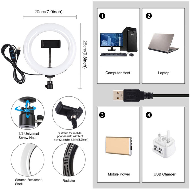 PULUZ PU459B 7.9 inch 20cm USB 3 Modes Dimmable Dual Color Temperature LED Curved Light Ring Vlogging Selfie Photography Video Lights with Phone Clamp