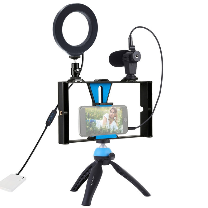 PULUZ PKT3025 4-in-1 Vlogging Broadcast Video Rig + 4.7 inch 12cm Ring LED Selfie Light Kits + Tripod Mount + Cold Shoe Tripod Head for Cameras