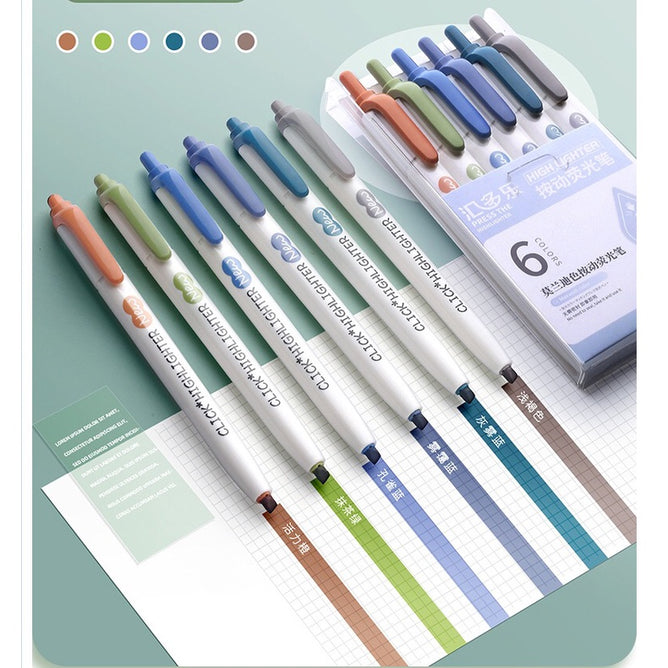 6Pcs Retractable Highlighter Fluorescent Markers for School & Office Supplies