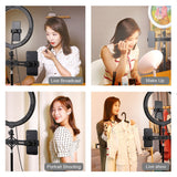 PULUZ PKT3064B 12 inch 30cm Light + 1.1m Tripod Mount + Dual Phone Brackets Curved Surface USB 3 Modes Dimmable Dual Color Temperature LED Ring Vlogging Video Light Live Broadcast Kits with Phone Clamp