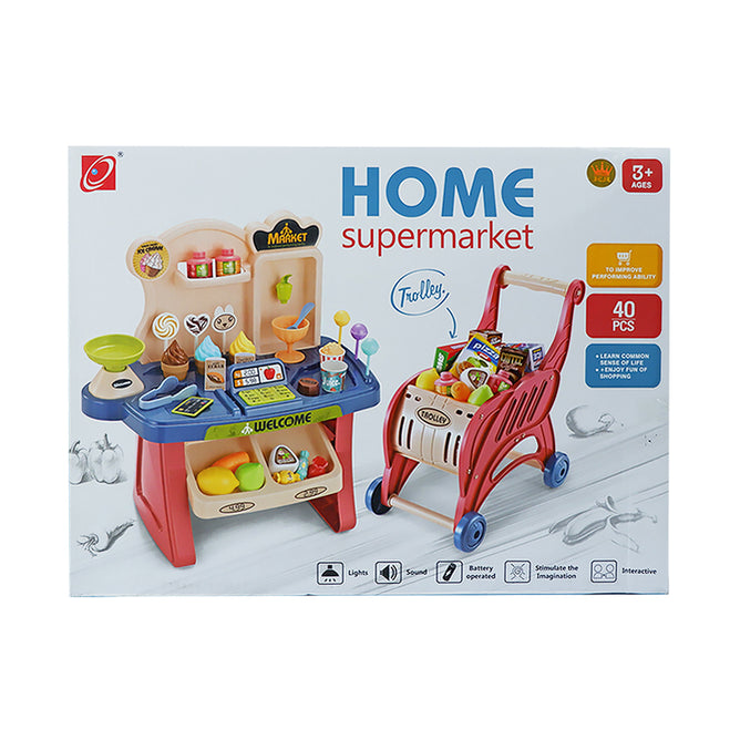Kitchen Playset and Shopping Cart Pretend Play Kitchen Toys and Accessories Set w/ Sounds and Light
