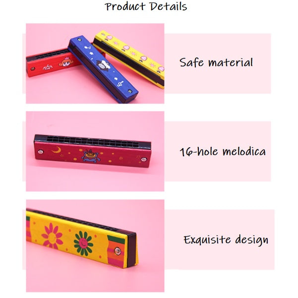 Wooden Harmonica 16 Holes Double-Row Blow Woodwind Mouth Toys for Children Musical Instruments