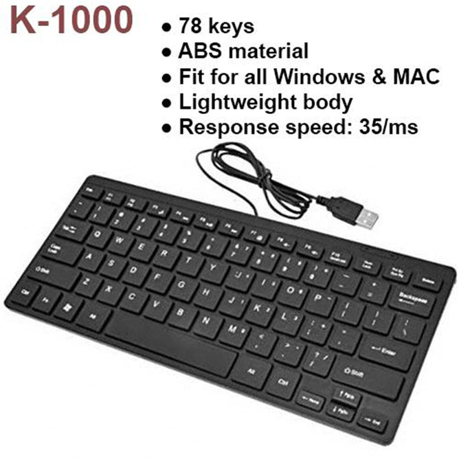 K-1000 78 Keys Mini Keyboard USB Wired For Mac and Windows PC & Laptops