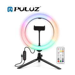 PULUZ PKT3082B 10 inch 26cm Marquee LED RGBWW Light + Desktop Tripod Mount 168 LED Dual-color Temperature Dimmable Ring Vlogging Photography Video Lights with Cold Shoe Tripod Ball Head & Remote Control & Phone Clamp
