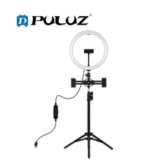 PULUZ PKT3064B 12 inch 30cm Light + 1.1m Tripod Mount + Dual Phone Brackets Curved Surface USB 3 Modes Dimmable Dual Color Temperature LED Ring Vlogging Video Light Live Broadcast Kits with Phone Clamp