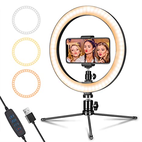 20cm Ring Light with Mini Tripod and Phone Holder Selfie LED Ring Light Photo Studio Light With Tripod Stand & Phone Holder Set for Live streaming Zoom Conference Tiktok Dimmable 3 Colors Ring Light (Vlog)