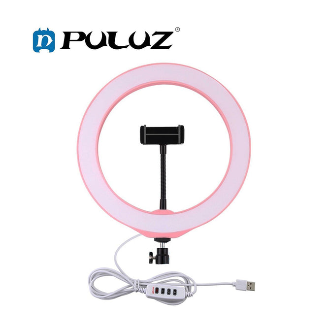 PULUZ PU397 10-inch 26cm USB 3 Modes Dimmable LED Ring Vlogging Selfie Photography Video Lights with Cold Shoe Tripod Ball Head & Phone Clamp