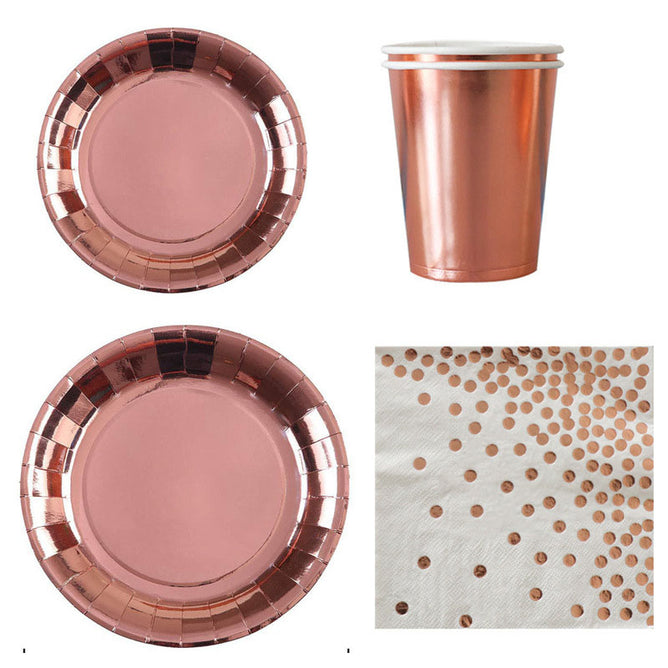 Rose Gold Polca Dots Disposable Party Paper Plate Set Paper Cup Paper Towel Tablecloth For Party Occasion
