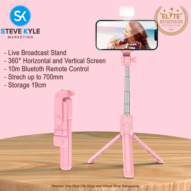 Wireless Bluetooth Foldable Selfie Stick Tripod with Fill Light Adjustable Monopod Remote Shutter