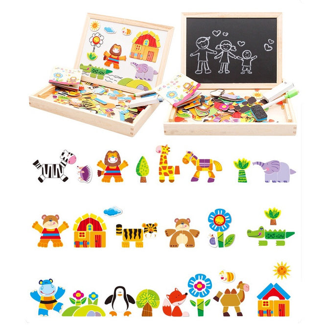 Multi-functional Magnetic Farm Wooden Jigsaw Puzzle Double-Sided Drawing Board Building Blocks for Kids