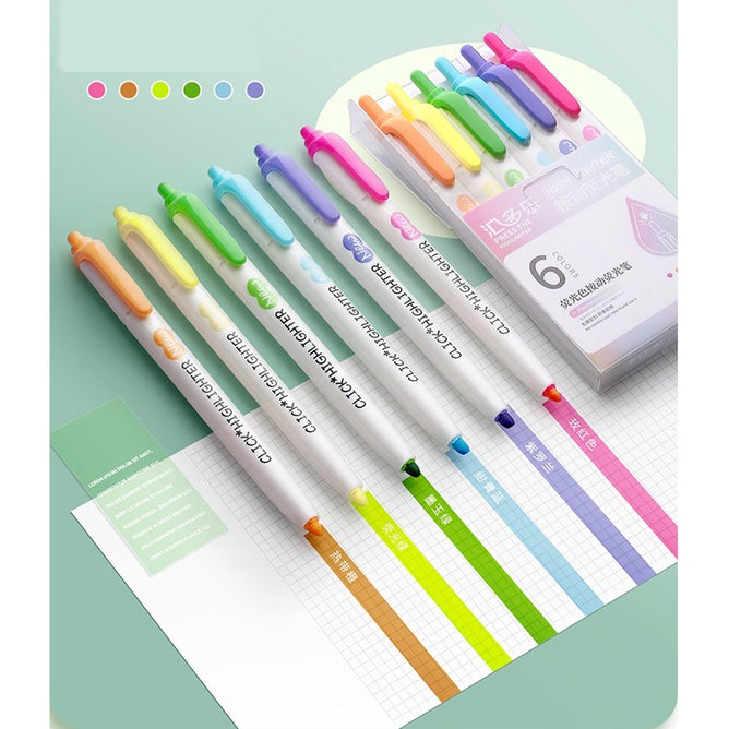 6Pcs Retractable Highlighter Fluorescent Markers for School & Office Supplies