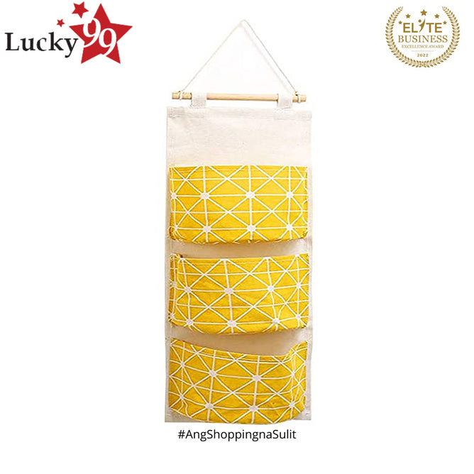Wall Hanging Storage Bag Organizer with 3 Pocket Premium Linen Fabric Waterproof Door Organizer