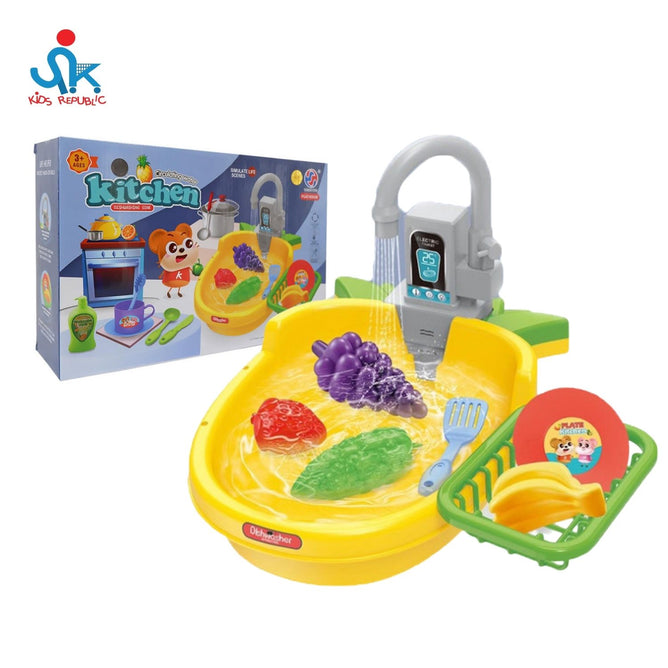 Realistic Kitchen Sink Play Set with Running Water with 20 Pieces Role Play Dishwasher Toys for Boys and Girls